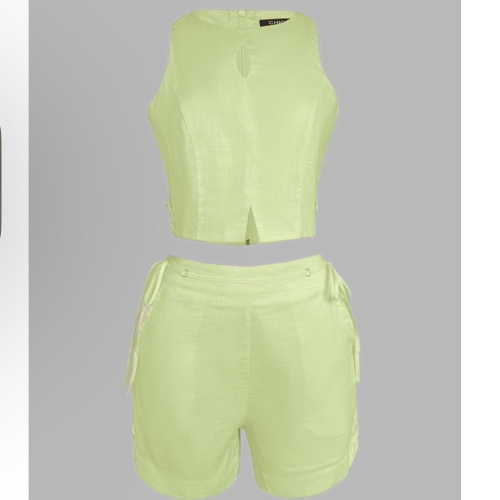 NIP Green Halter Sleeveless Hollow-out Crop Tank Drawstring Short Set Size L - Picture 3 of 5